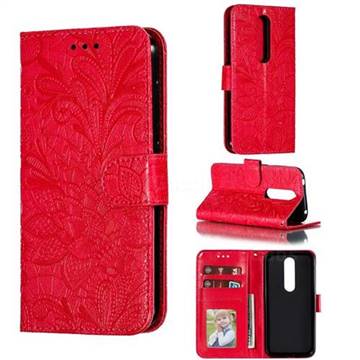 Intricate Embossing Lace Jasmine Flower Leather Wallet Case for Nokia 4.2 - Red