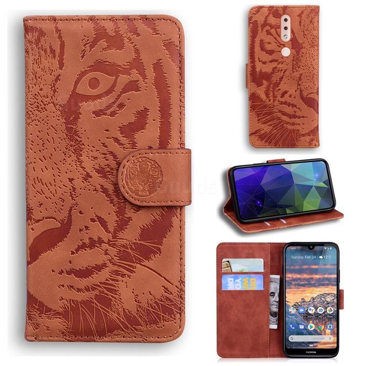 Intricate Embossing Tiger Face Leather Wallet Case for Nokia 4.2 - Brown