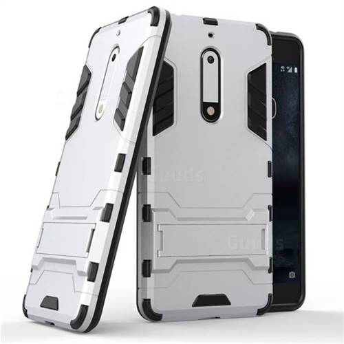Armor Premium Tactical Grip Kickstand Shockproof Dual Layer Rugged Hard Cover for Nokia 5 Nokia5 - Silver