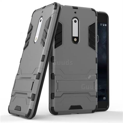 Armor Premium Tactical Grip Kickstand Shockproof Dual Layer Rugged Hard Cover for Nokia 5 Nokia5 - Gray