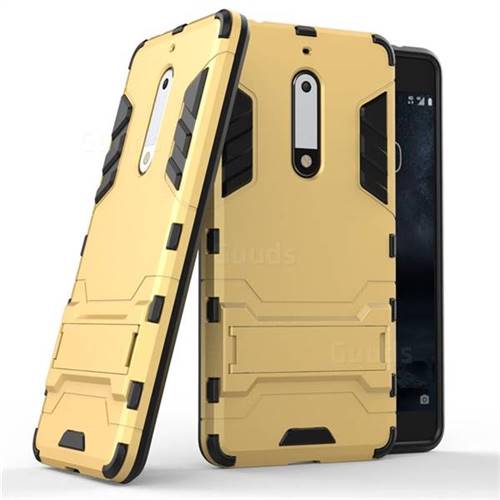 Armor Premium Tactical Grip Kickstand Shockproof Dual Layer Rugged Hard Cover for Nokia 5 Nokia5 - Golden