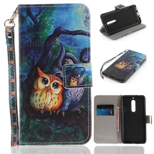 Oil Painting Owl Hand Strap Leather Wallet Case for Nokia 5 Nokia5