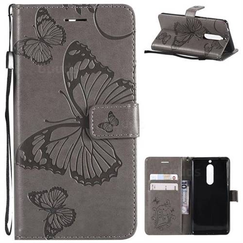 Embossing 3D Butterfly Leather Wallet Case for Nokia 5 Nokia5 - Gray