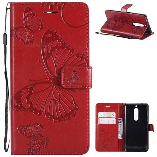 Embossing 3D Butterfly Leather Wallet Case for Nokia 5 Nokia5 - Red