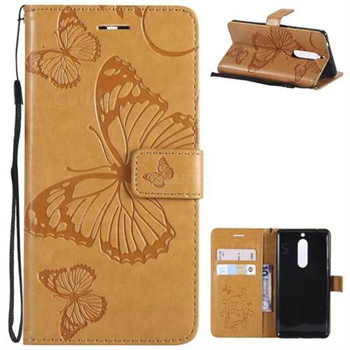 Embossing 3D Butterfly Leather Wallet Case for Nokia 5 Nokia5 - Yellow