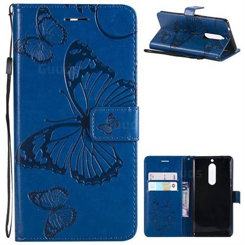 Embossing 3D Butterfly Leather Wallet Case for Nokia 5 Nokia5 - Blue