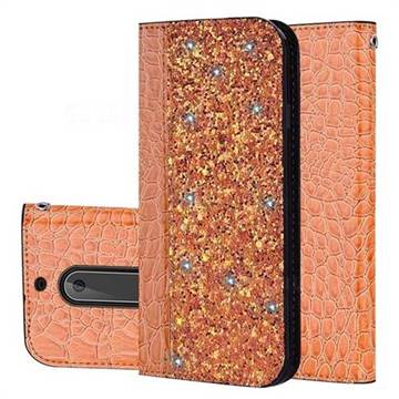 Shiny Crocodile Pattern Stitching Magnetic Closure Flip Holster Shockproof Phone Cases for Nokia 5 Nokia5 - Gold Orange
