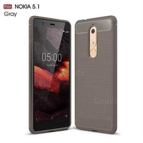 Luxury Carbon Fiber Brushed Wire Drawing Silicone TPU Back Cover for Nokia 5.1 - Gray