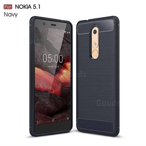 Luxury Carbon Fiber Brushed Wire Drawing Silicone TPU Back Cover for Nokia 5.1 - Navy
