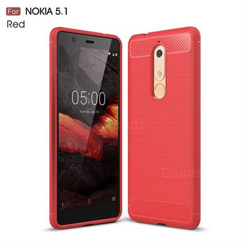 Luxury Carbon Fiber Brushed Wire Drawing Silicone TPU Back Cover for Nokia 5.1 - Red