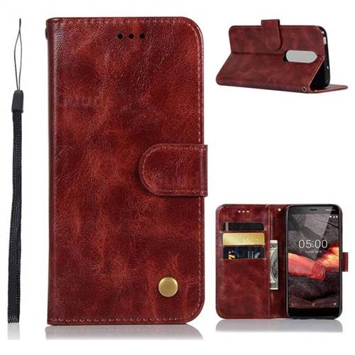 Luxury Retro Leather Wallet Case for Nokia 5.1 - Wine Red