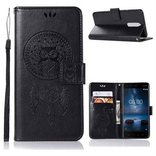 Intricate Embossing Owl Campanula Leather Wallet Case for Nokia 5.1 - Black