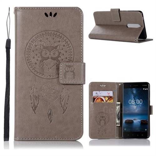 Intricate Embossing Owl Campanula Leather Wallet Case for Nokia 5.1 - Grey