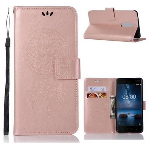 Intricate Embossing Owl Campanula Leather Wallet Case for Nokia 5.1 - Rose Gold