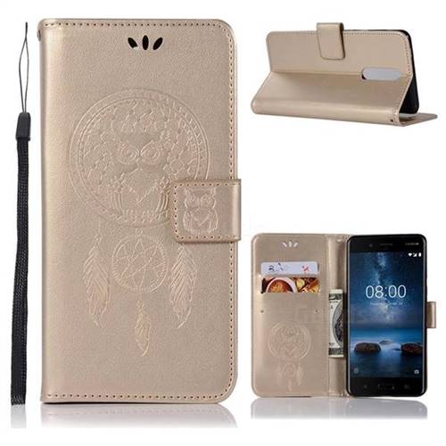 Intricate Embossing Owl Campanula Leather Wallet Case for Nokia 5.1 - Champagne