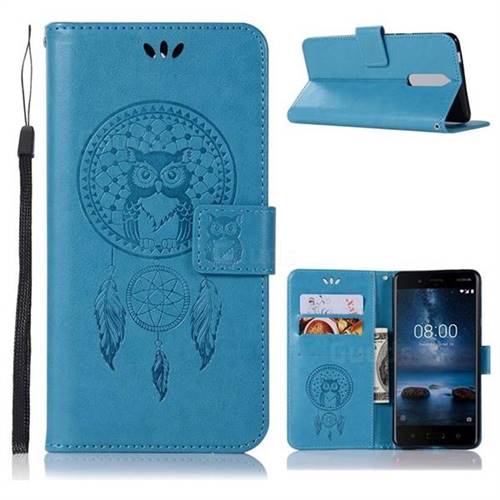 Intricate Embossing Owl Campanula Leather Wallet Case for Nokia 5.1 - Blue