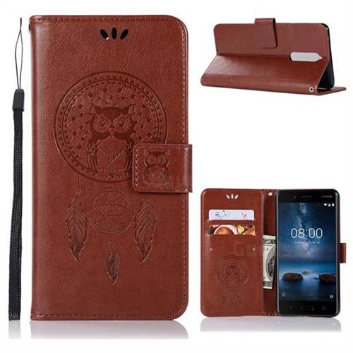 Intricate Embossing Owl Campanula Leather Wallet Case for Nokia 5.1 - Brown