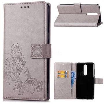 Embossing Imprint Four-Leaf Clover Leather Wallet Case for Nokia 5.1 - Grey
