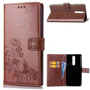 Embossing Imprint Four-Leaf Clover Leather Wallet Case for Nokia 5.1 - Brown