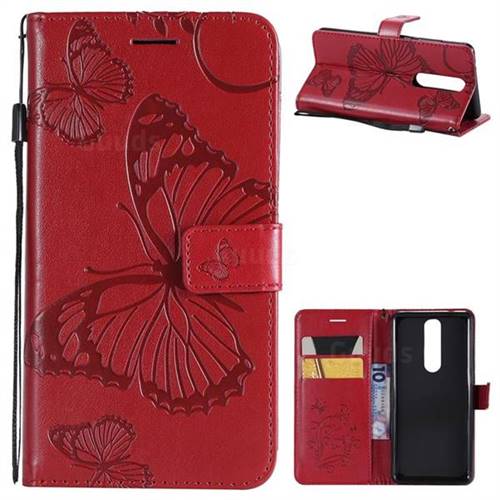 Embossing 3D Butterfly Leather Wallet Case for Nokia 5.1 - Red