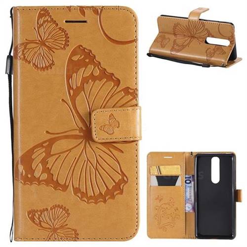 Embossing 3D Butterfly Leather Wallet Case for Nokia 5.1 - Yellow