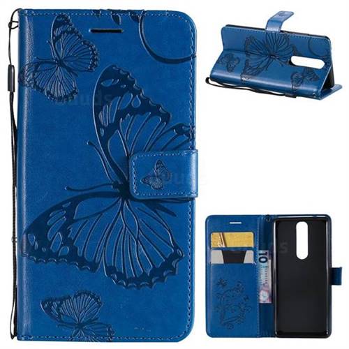 Embossing 3D Butterfly Leather Wallet Case for Nokia 5.1 - Blue