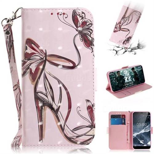 Butterfly High Heels 3D Painted Leather Wallet Phone Case for Nokia 5.1