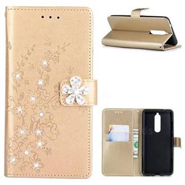 Embossing Plum Blossom Rhinestone Leather Wallet Case for Nokia 5.1 - Champagne