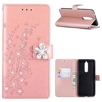 Embossing Plum Blossom Rhinestone Leather Wallet Case for Nokia 5.1 - Rose Gold