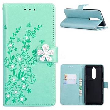 Embossing Plum Blossom Rhinestone Leather Wallet Case for Nokia 5.1 - Cyan