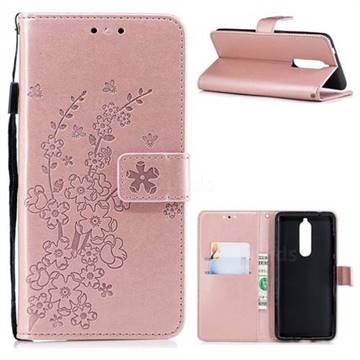 Intricate Embossing Plum Blossom Leather Wallet Case for Nokia 5.1 - Rose Gold