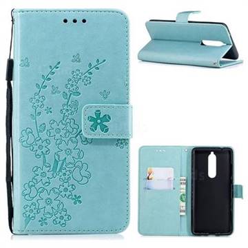 Intricate Embossing Plum Blossom Leather Wallet Case for Nokia 5.1 - Cyan