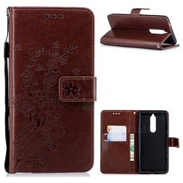 Intricate Embossing Plum Blossom Leather Wallet Case for Nokia 5.1 - Brown