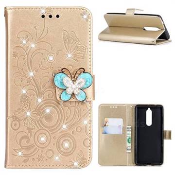 Embossing Butterfly Circle Rhinestone Leather Wallet Case for Nokia 5.1 - Champagne