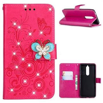 Embossing Butterfly Circle Rhinestone Leather Wallet Case for Nokia 5.1 - Red