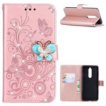 Embossing Butterfly Circle Rhinestone Leather Wallet Case for Nokia 5.1 - Rose Gold