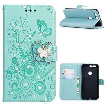 Embossing Butterfly Circle Rhinestone Leather Wallet Case for Nokia 5.1 - Cyan
