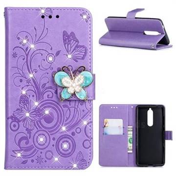 Embossing Butterfly Circle Rhinestone Leather Wallet Case for Nokia 5.1 - Purple