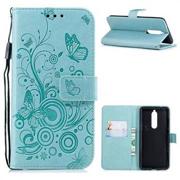 Intricate Embossing Butterfly Circle Leather Wallet Case for Nokia 5.1 - Cyan