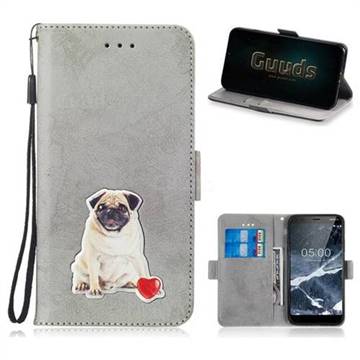 Retro Leather Phone Wallet Case with Aluminum Alloy Patch for Nokia 5.1 - Gray