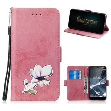 Retro Leather Phone Wallet Case with Aluminum Alloy Patch for Nokia 5.1 - Pink
