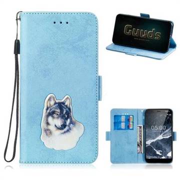 Retro Leather Phone Wallet Case with Aluminum Alloy Patch for Nokia 5.1 - Light Blue