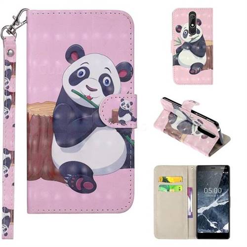 Happy Panda 3D Painted Leather Phone Wallet Case Cover for Nokia 5.1