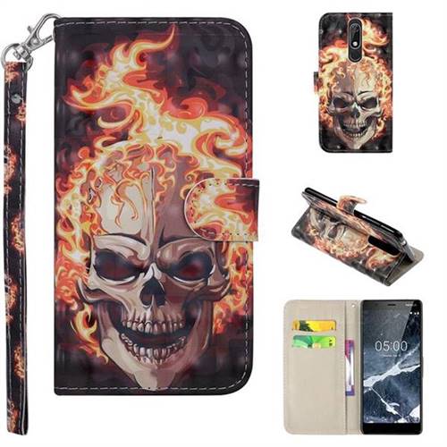 Flame Skull 3D Painted Leather Phone Wallet Case Cover for Nokia 5.1