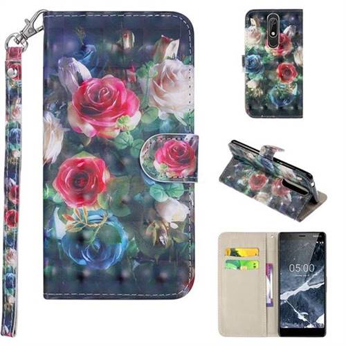 Rose Flower 3D Painted Leather Phone Wallet Case Cover for Nokia 5.1