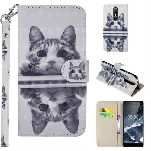 Mirror Cat 3D Painted Leather Phone Wallet Case Cover for Nokia 5.1