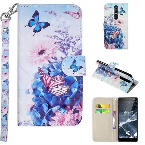 Pansy Butterfly 3D Painted Leather Phone Wallet Case Cover for Nokia 5.1