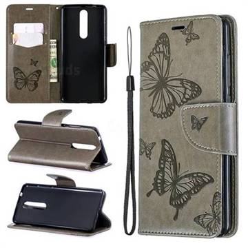 Embossing Double Butterfly Leather Wallet Case for Nokia 5.1 - Gray