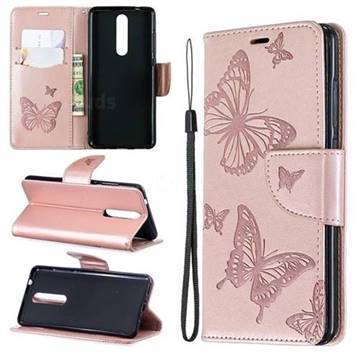 Embossing Double Butterfly Leather Wallet Case for Nokia 5.1 - Rose Gold