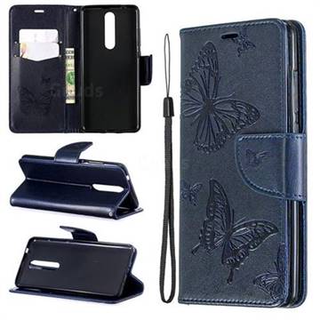 Embossing Double Butterfly Leather Wallet Case for Nokia 5.1 - Dark Blue